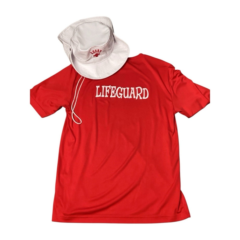 Vintage Blarix LIFEGUARD Wide Brim Beach Sun Hat White Red Cotton + Yogi T Shirt